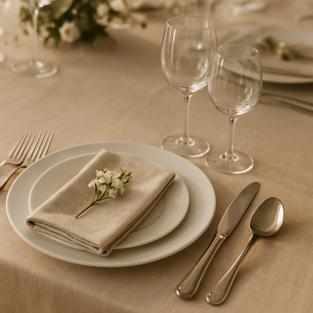 Mesa de evento decorada com loucas e taças da S&S Fest